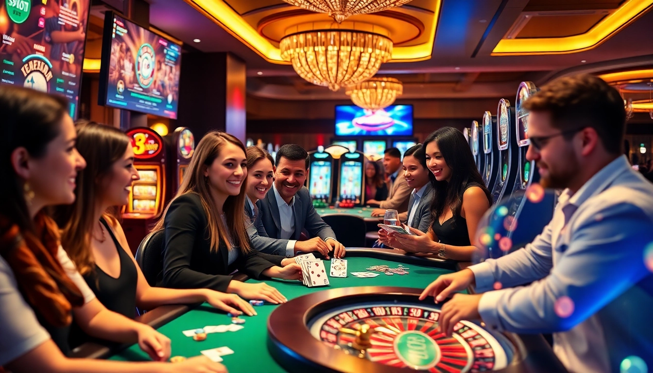 Engaging online casino experience at https://www.33win.photo/ featuring diverse players enjoying games like poker and slot machines.