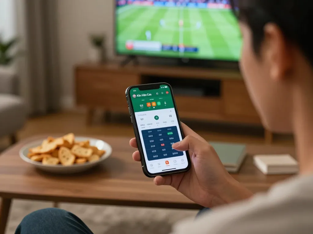 Kèo Nhà Cái betting live odds on smartphone during sports match, cozy home with snacks.