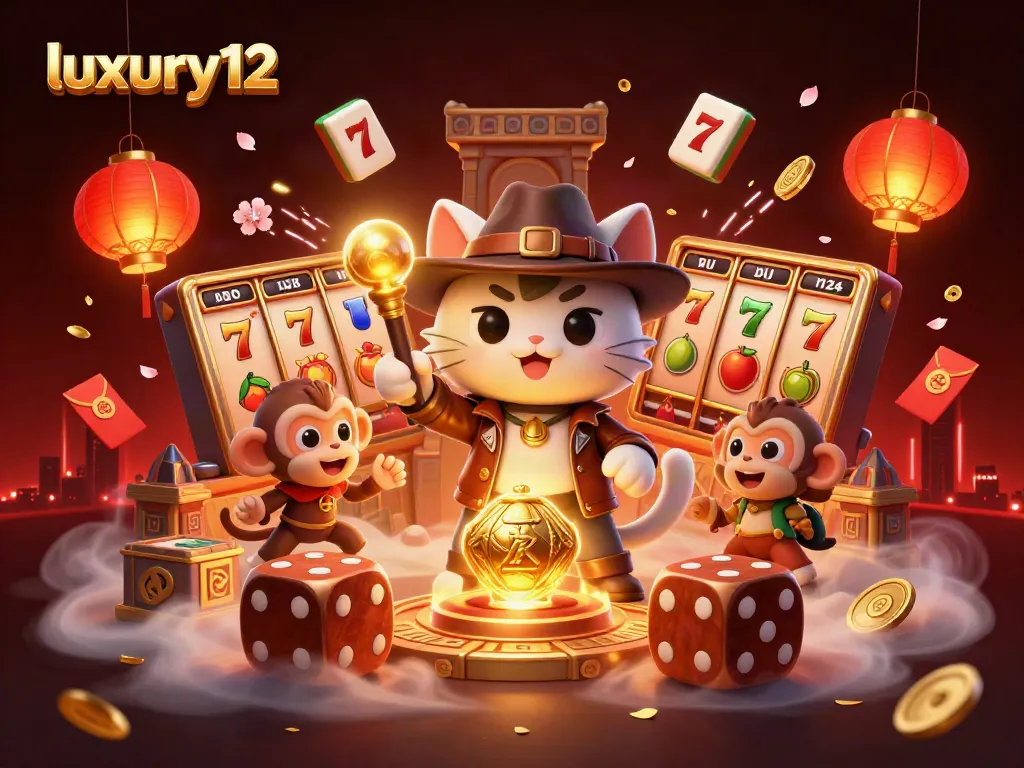 Engage in thrilling slot gaming with luxury12 as characters uncover treasures amidst vibrant casino artifacts and festive decorations.