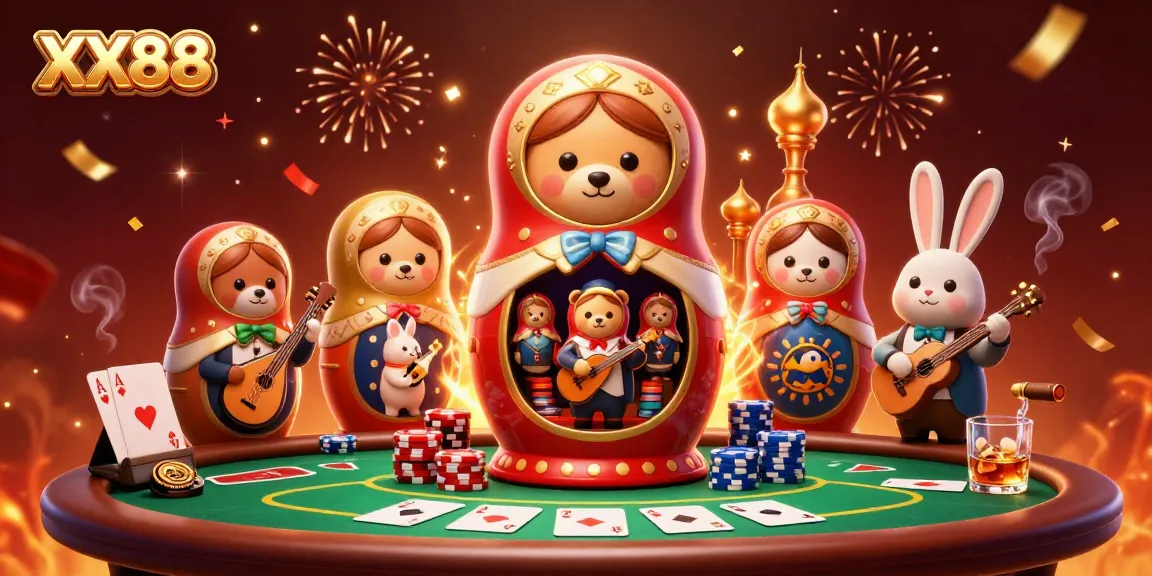 Engage with XX88's vibrant casino world, featuring a lively Matryoshka bear and poker elements.