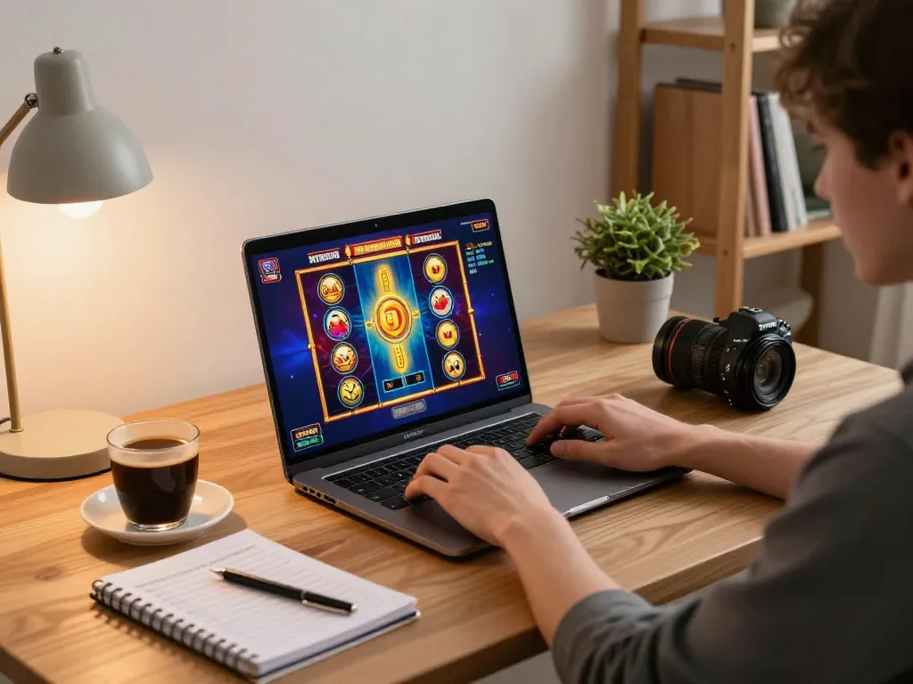 Engaging home gaming session featuring a player focused on slot games at vua88sss with colorful graphics on screen.