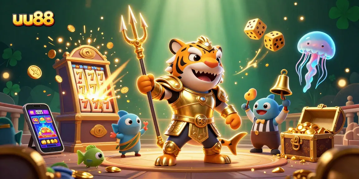 Experience the thrill of uu88 with a vibrant underwater casino battle scene featuring a gladiator shark and massive slot machine.