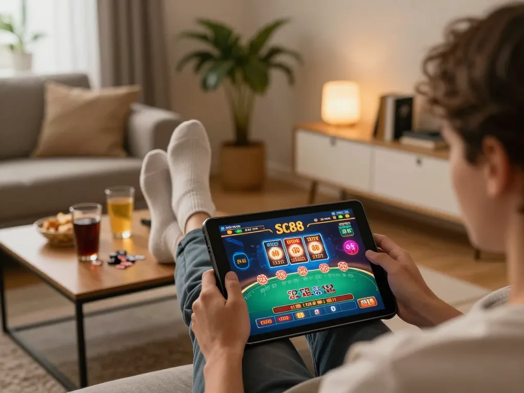 Engaging in sc88 casino gameplay on a tablet in a cozy home setting with snacks and warm lighting.