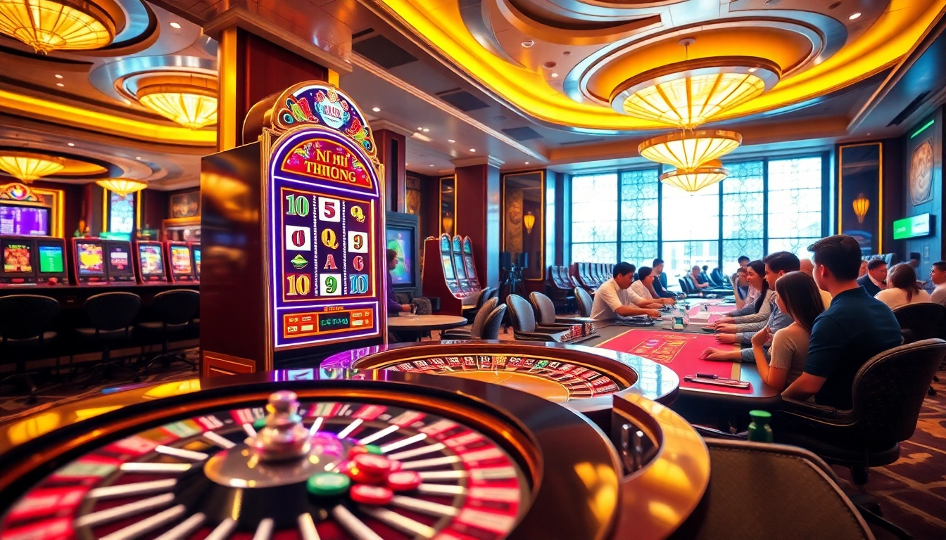 Nổ Hũ Đổi Thưởng gaming scene with vibrant slot machines and excited players at a casino.