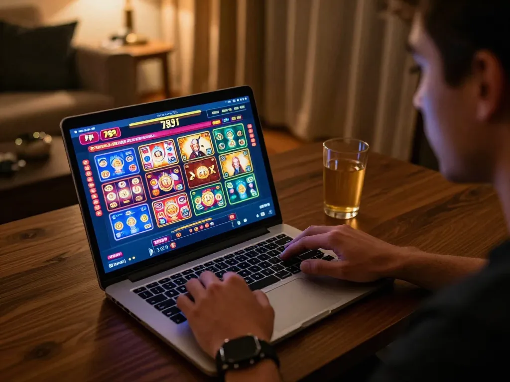 Player enjoying slots on the 789f online casino platform from home, showcasing a modern gaming setup