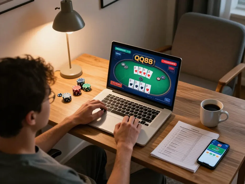 Engaging in QQ88 online poker at home with laptop, coffee mug, and betting notes in cozy setting
