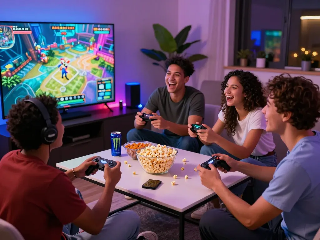 Friends enjoying gaming with 79KING, vibrant room filled with excitement and snacks