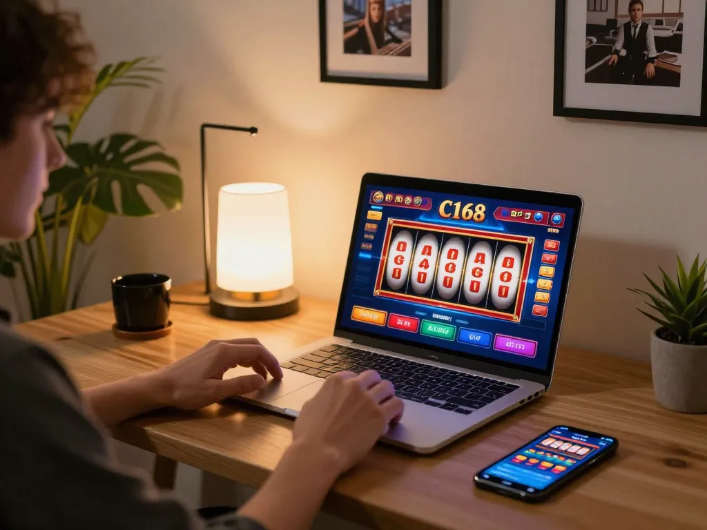 C168 online gaming experience with a player engaged in slot gameplay at home setup, showcasing excitement and strategy.