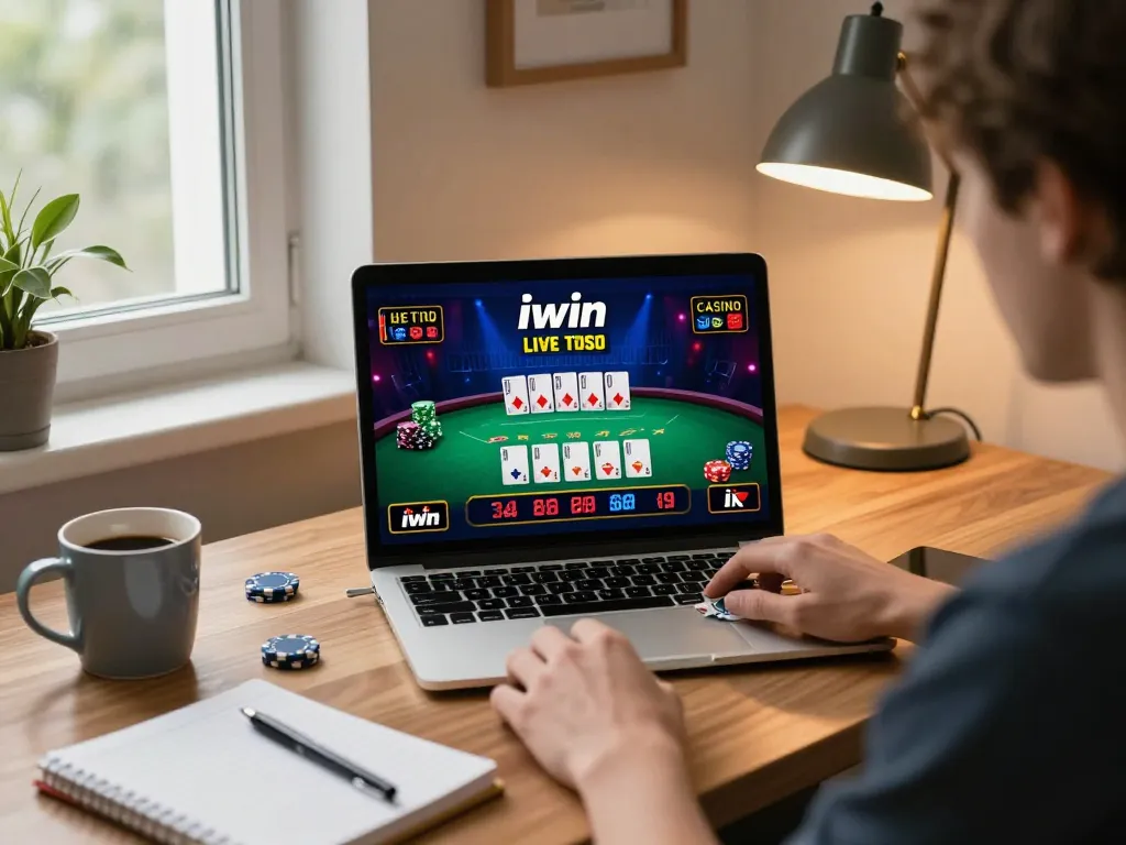 Engaging moment in iwin live gaming as a player participates in a vibrant online blackjack match at home.