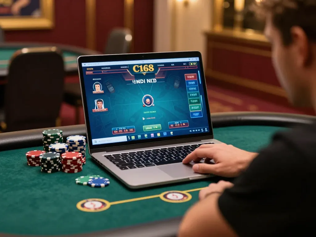 Player engaged in strategic online gambling at C168, focused on laptop with poker game interface.