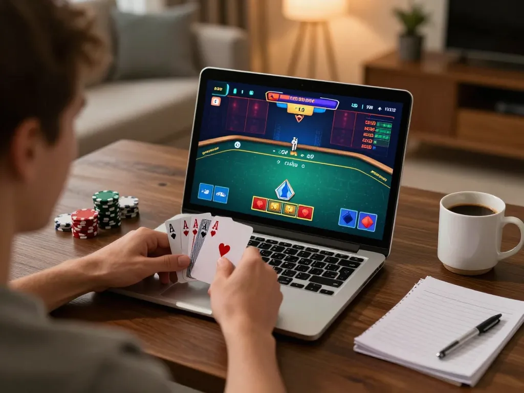 Player enjoying online poker experience with vu88 interface in cozy home setting, fostering strategic gameplay.