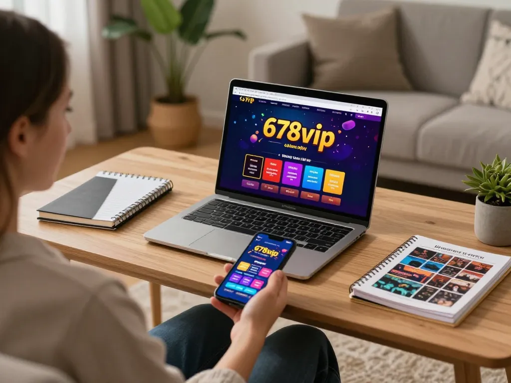 Player engaging with 678vip online casino on a stylish sofa, showcasing a modern gaming environment.