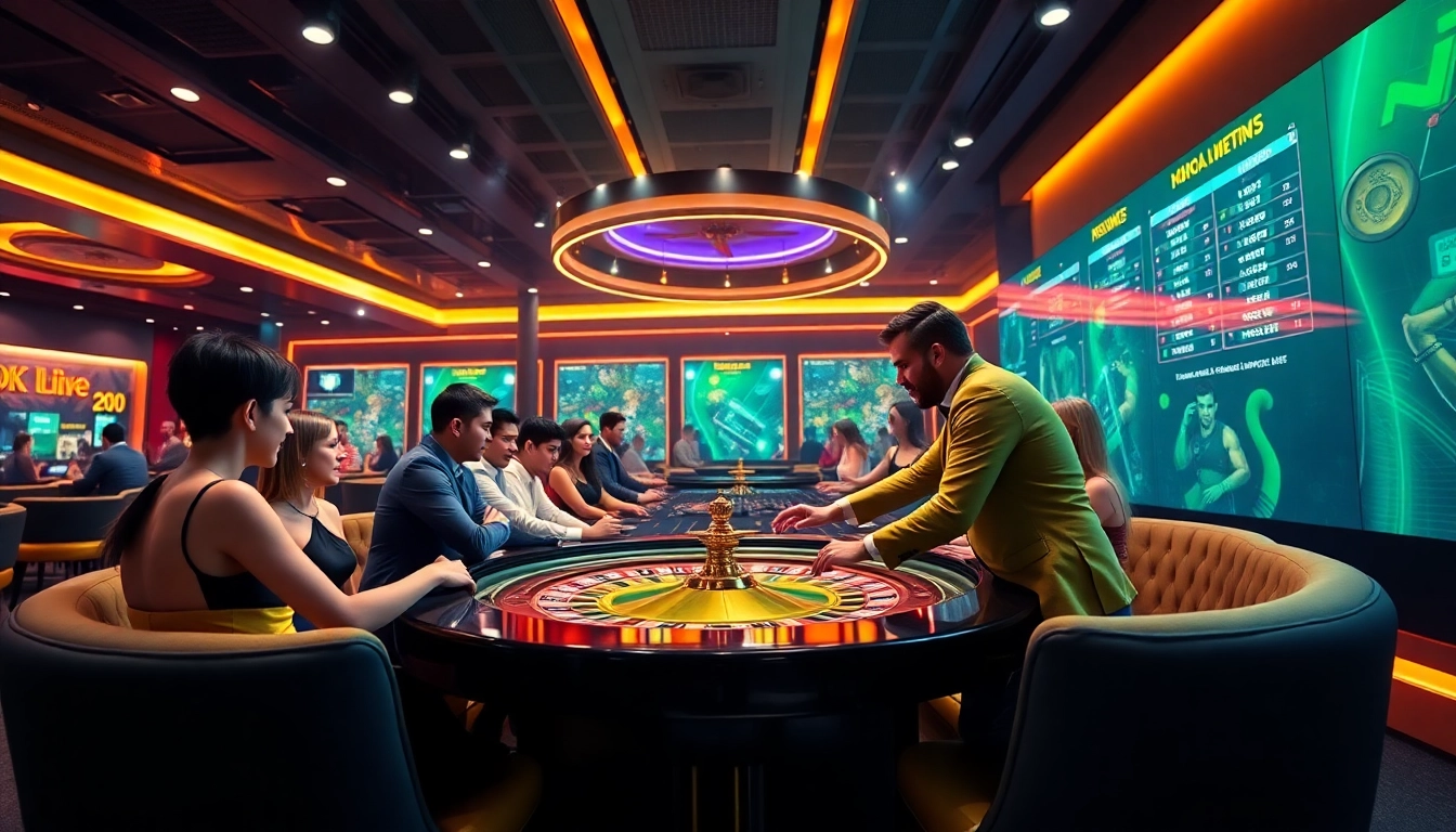 Experience the excitement of 8kbet with a vibrant casino scene featuring stylish players and a charismatic dealer.