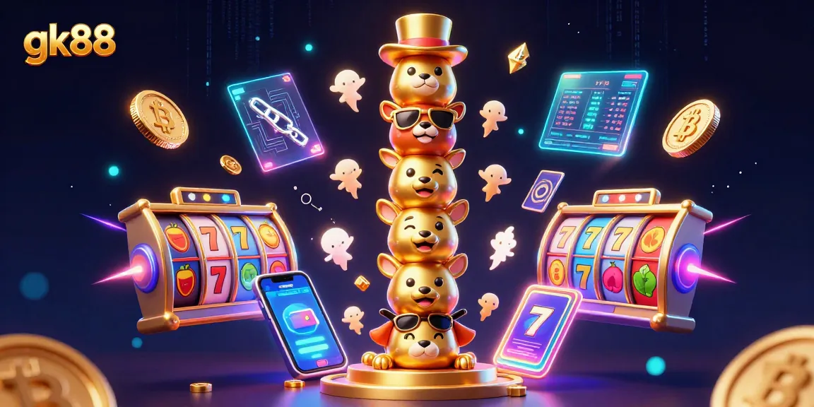 Join the action with gk88, showcasing vibrant slot reels and crypto coins in an animated casino scene.