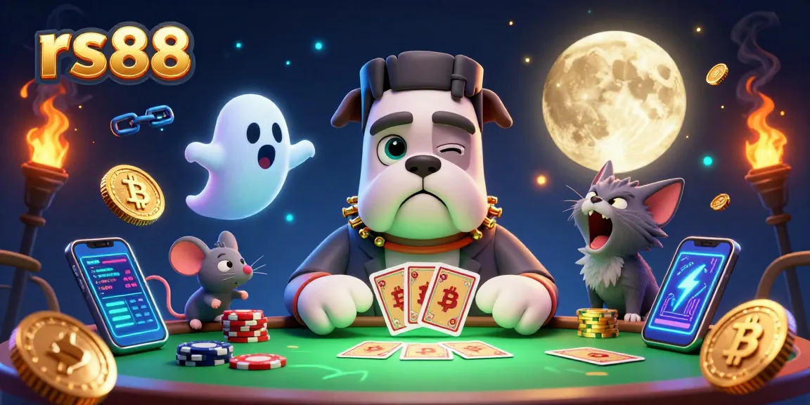 Join the excitement at rs88 with a 3D cartoon Frankenstein bulldog dealer amidst vibrant casino elements.