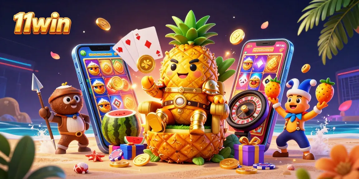 Experience thrilling slots and gameplay adventures with 11win's vibrant beach casino illustration.