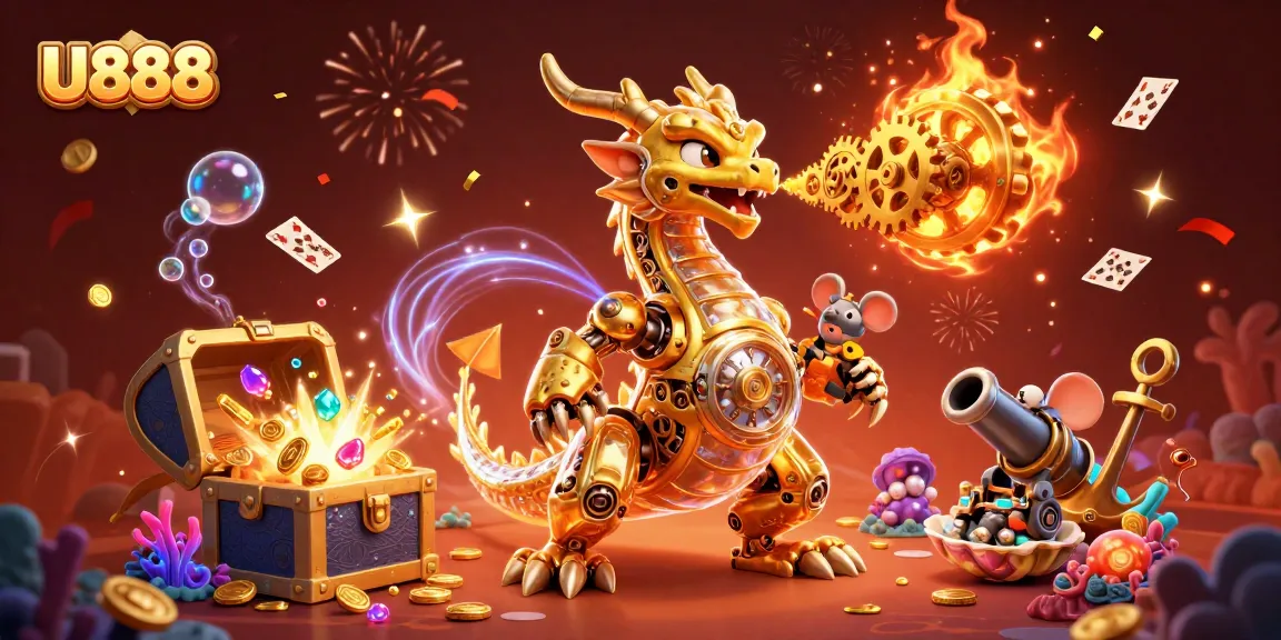 Experience U888's thrilling gaming adventure with a dynamic 3D dragon illustration, showcasing lavish gems and casino excitement.