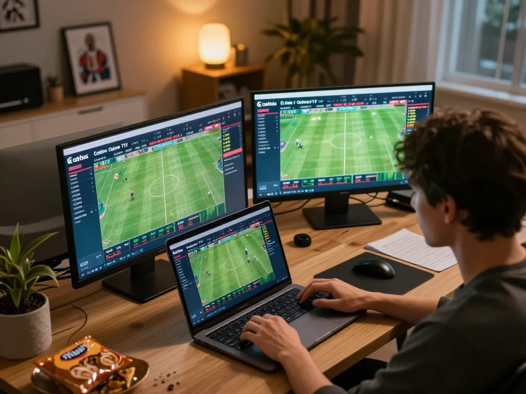 Cakhia TV live sports betting setup with engaged user pleased with HD streaming quality.