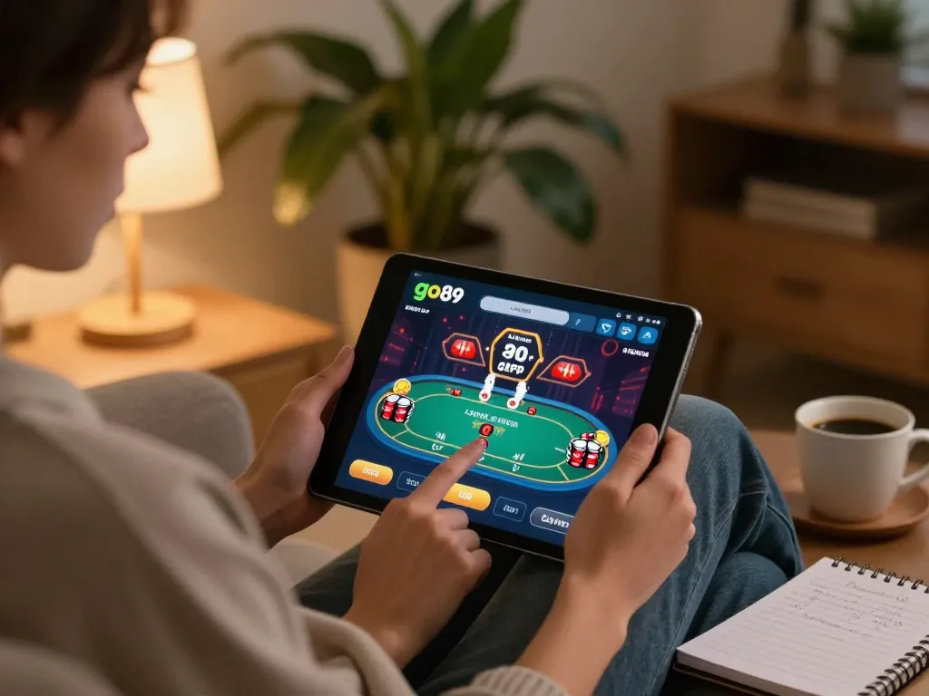 Player enjoying go89 on a tablet with strategic betting notes in a cozy home setup
