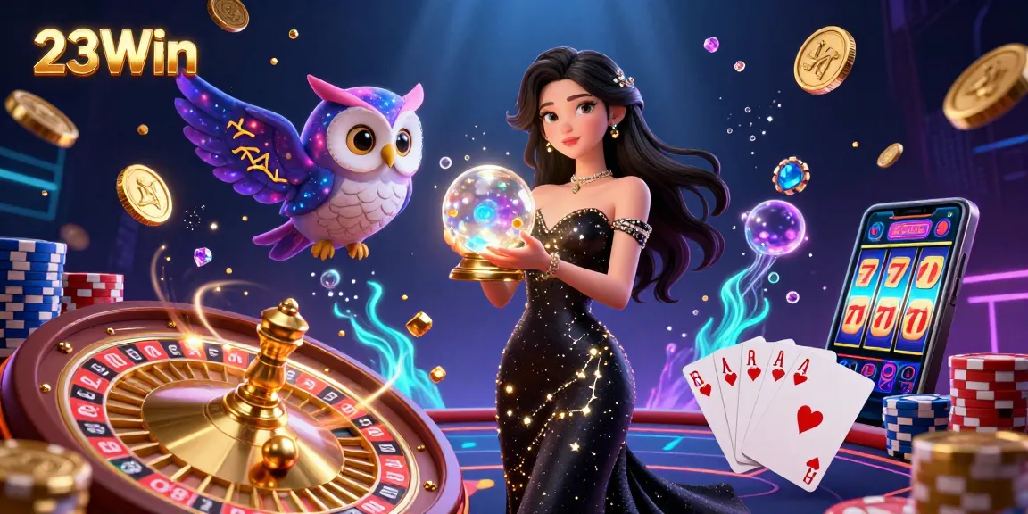 Experience thrilling action at 23Win with a vibrant casino scene showcasing a magical woman and mystical owl.