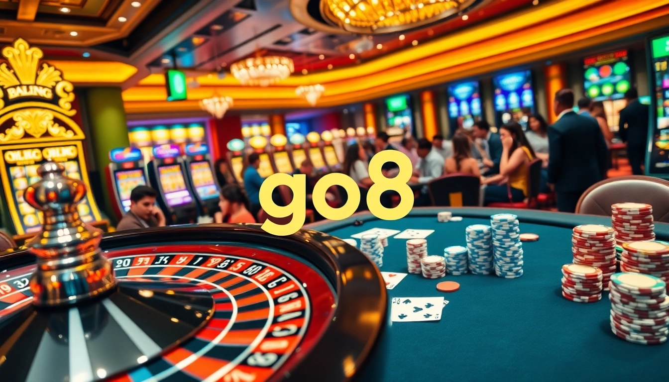 Exciting gambling action at the luxurious GO8 casino with spinning roulette wheel and poker game.