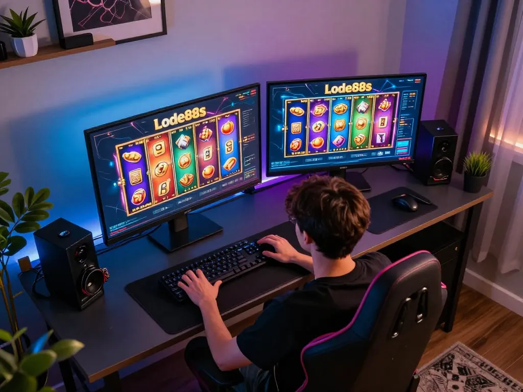 Engaged player enjoying lode88s online slots in a modern gaming setup, showcasing vibrant graphics and immersive experience.