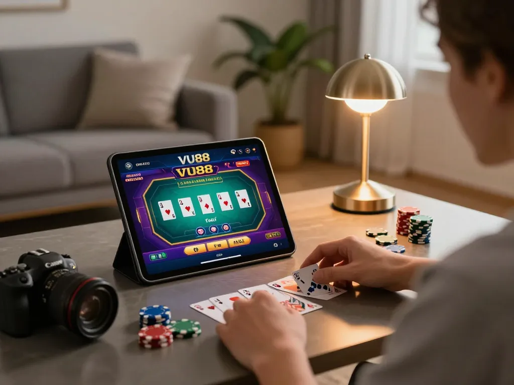 Player using VU88 app on tablet showcasing poker hands during a cozy home gaming session.