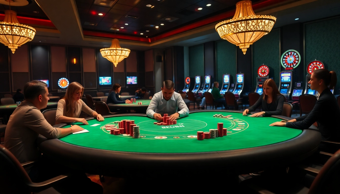 Players strategizing their bets at Bet88's high-stakes poker table in a luxurious casino environment.