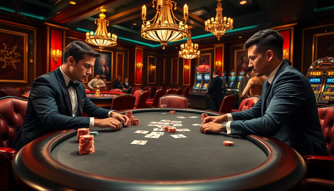 High-stakes poker action at a glamorous casino table featuring gg88 elements with vibrant décor.