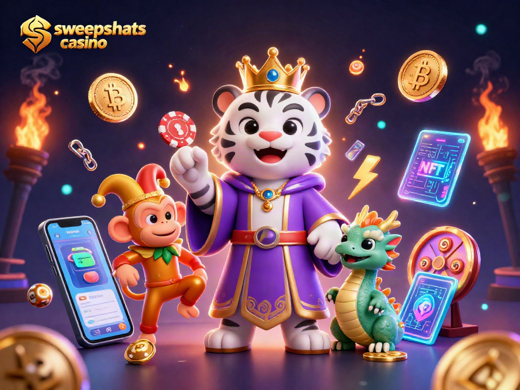 Sweepstakes casino scene with a tiger and monkey amidst vibrant lottery elements for an engaging illustration.