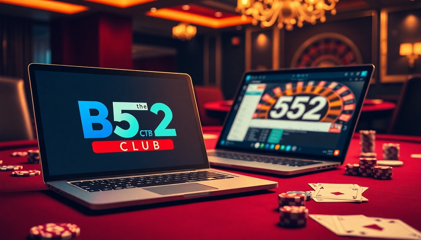 B52 Club logo illuminated on a luxury casino table filled with poker chips and playing cards.
