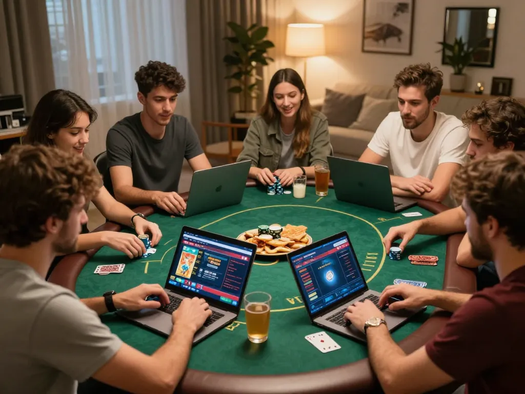 Players enjoying a home poker game using TOPBET for online betting, showcasing excitement and strategy.