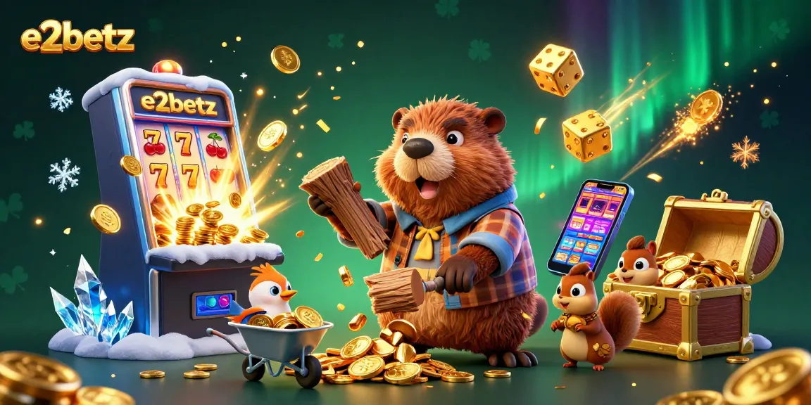 Take a thrilling spin with e2betz as vibrant cartoon characters enjoy a lively casino scene filled with gold and excitement.
