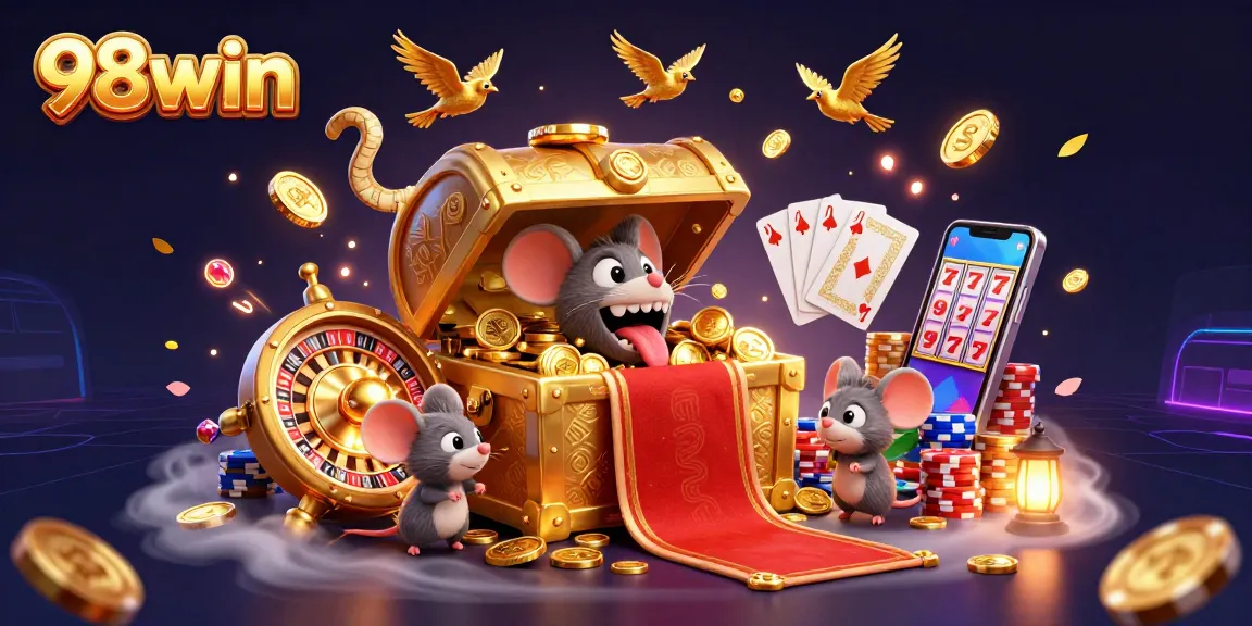 Spin and win at 98win with a vibrant scene of casino treasures and games.