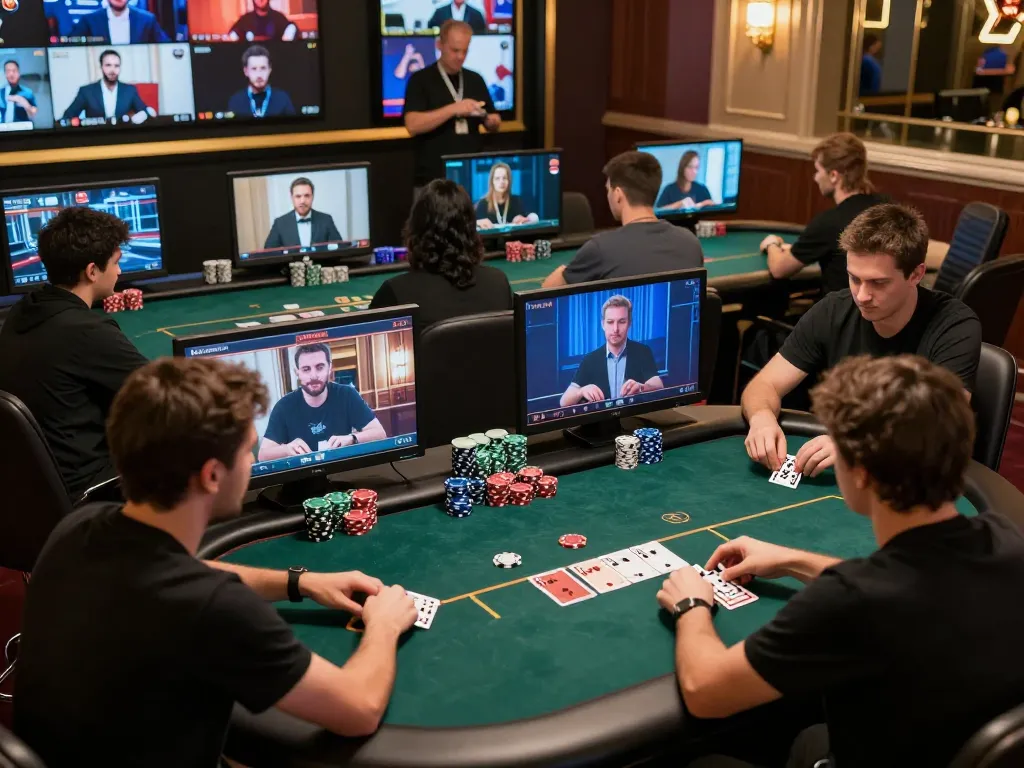 RR88 players engaged in a strategic online poker game, showcasing interactive gameplay and modern gaming atmosphere.