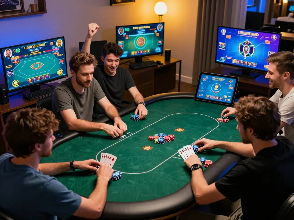 Players engaging in a thrilling online poker game at KJC, showcasing competitive gameplay and strategy.
