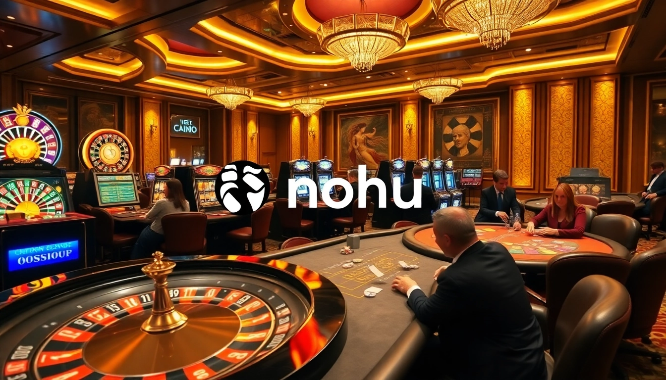 Nohu-themed casino scene showcasing vibrant slot machines and high-stakes poker tables.