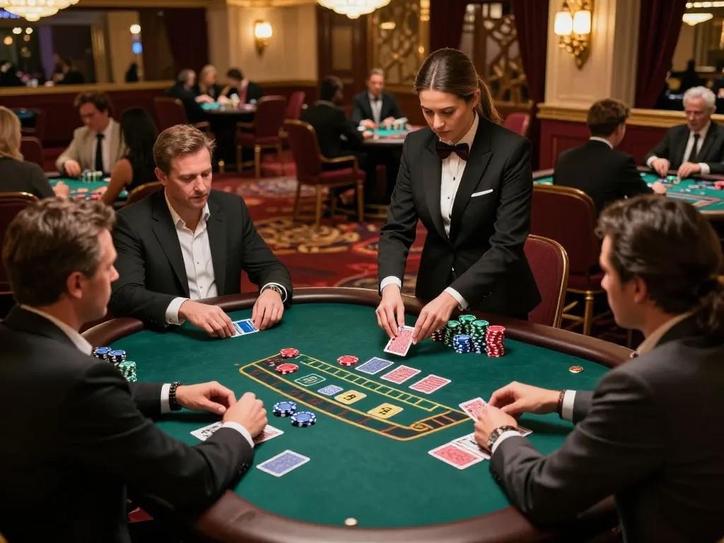 High-stakes blackjack table featuring lode88vi gameplay with players engaged in strategic decisions.