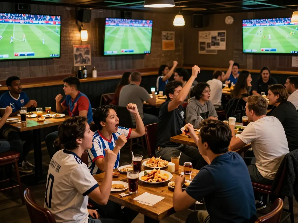Fans cheering while watching live match on xoilactv39 sports streaming screens.