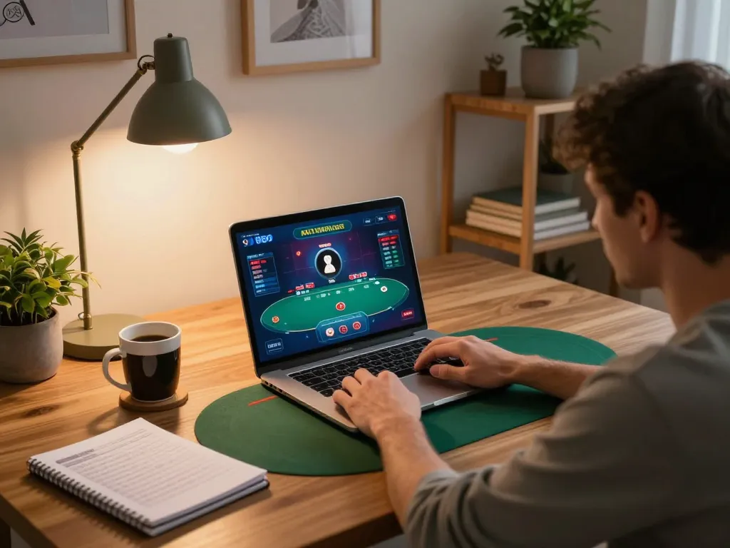 Player enjoying a poker game at home using 88GO, showcasing a cozy and responsible gaming environment