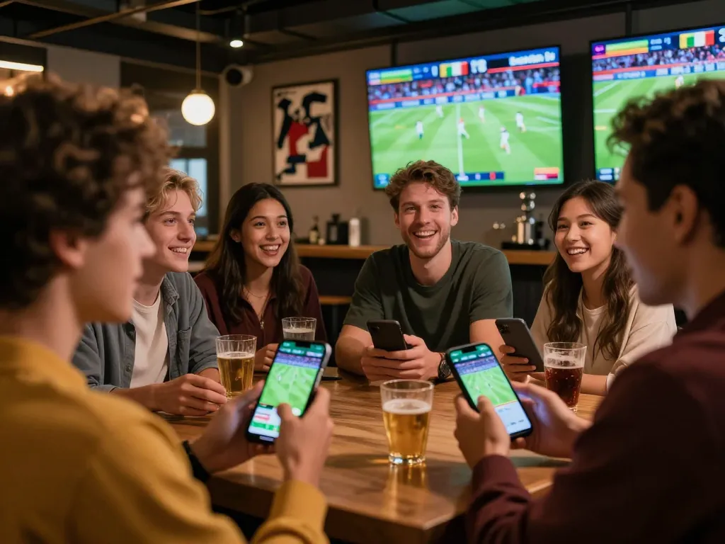 Friends enjoying live sports betting using the qq88 app, surrounded by excited game atmosphere.
