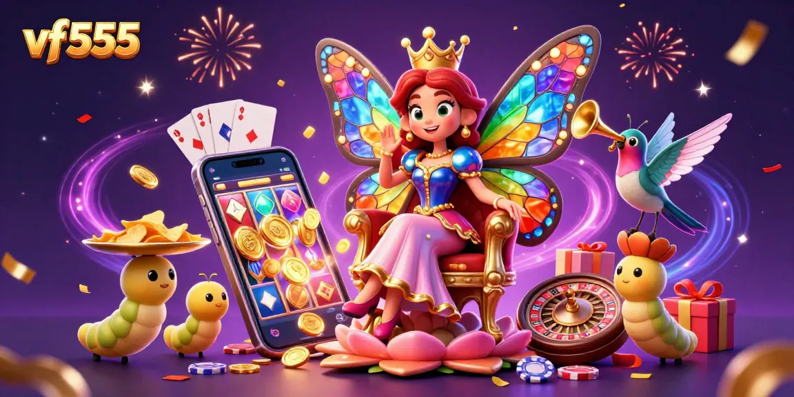 Experience thrilling gameplay with vf555 featuring a 3D butterfly queen illustration, slot games, and vibrant casino elements.