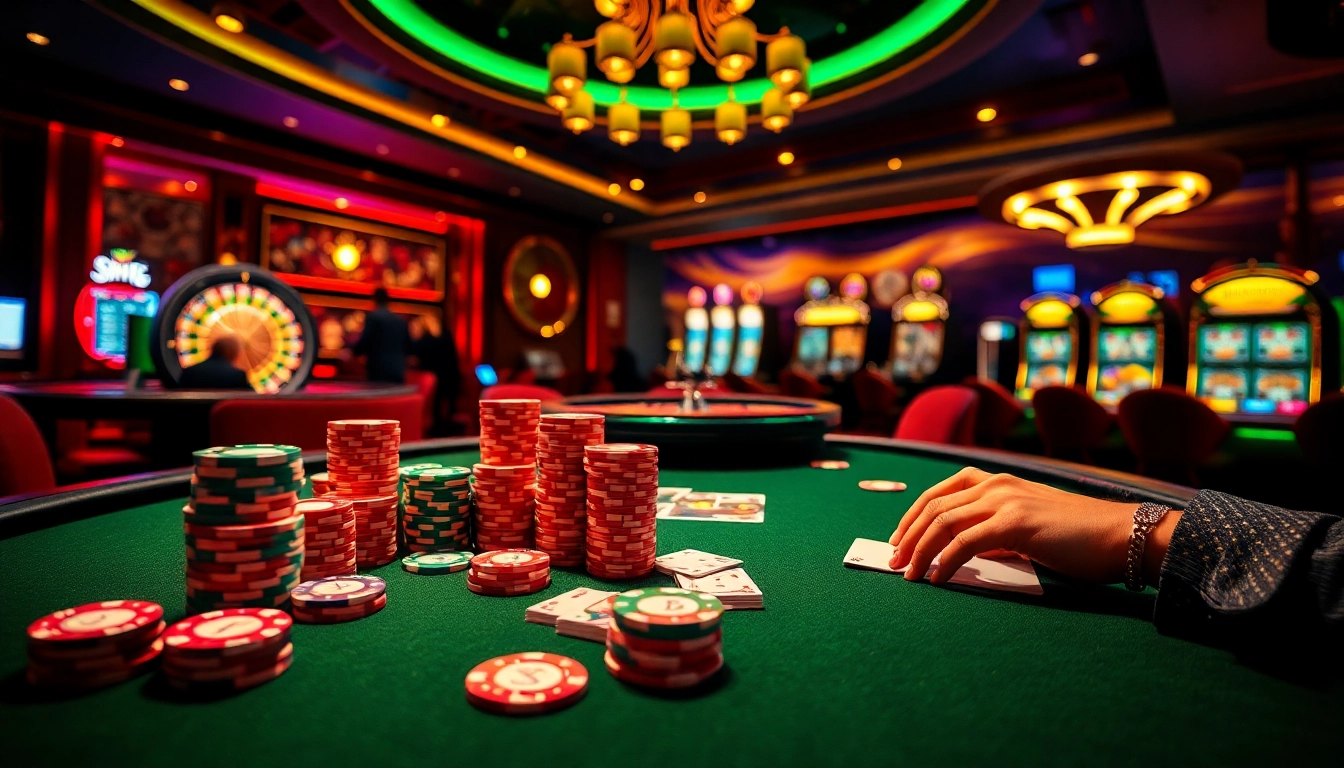 Play poker at https://sv368com.biz/ with vibrant chips and cards in an exciting casino environment.