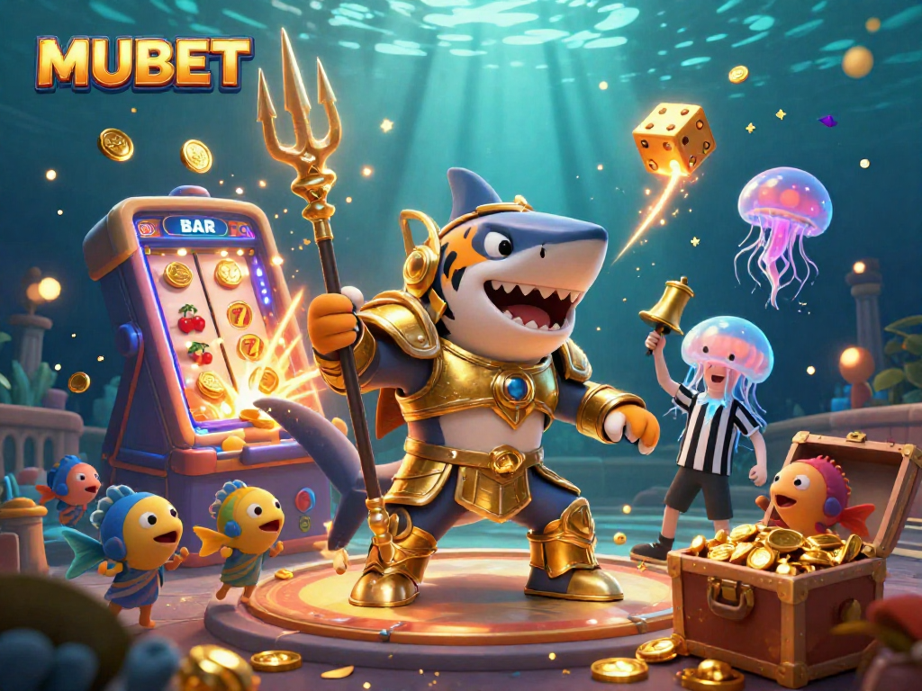 MUBET celebrates wins in a vibrant underwater scene with a tiger shark in armor, showcasing dynamic casino action.