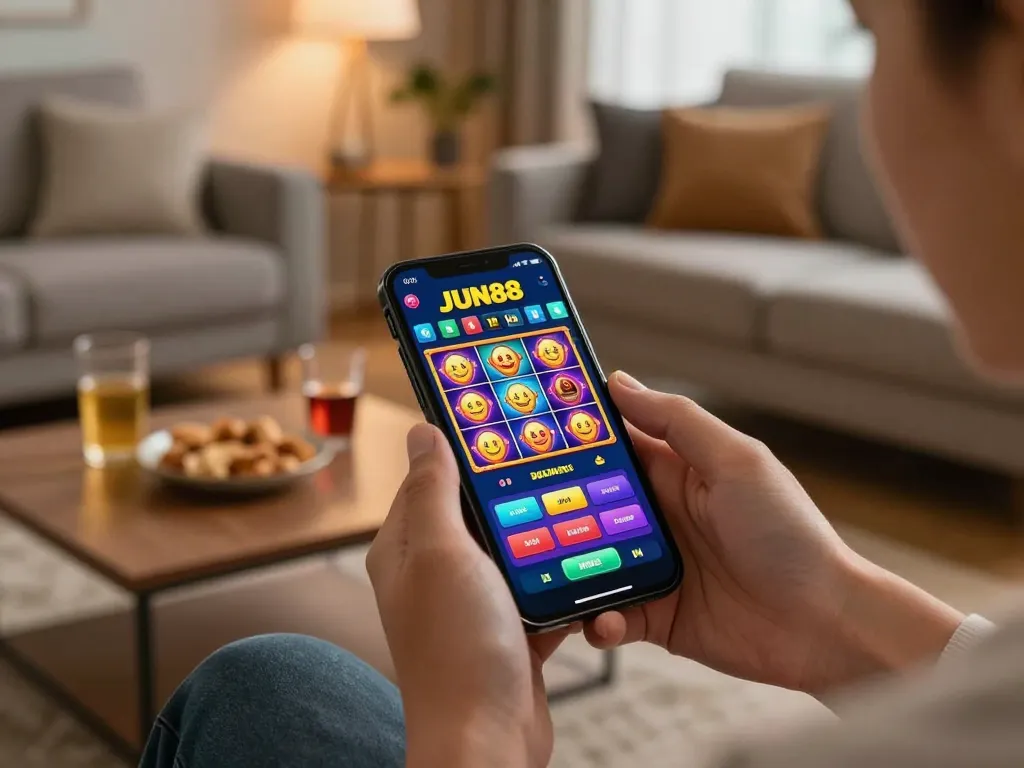 Player exploring JUN88 casino app for slots in a cozy home setting with snacks.