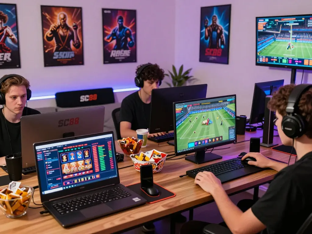 Players enjoying games on SC88 platform, colorful screens displaying casino and sports action.