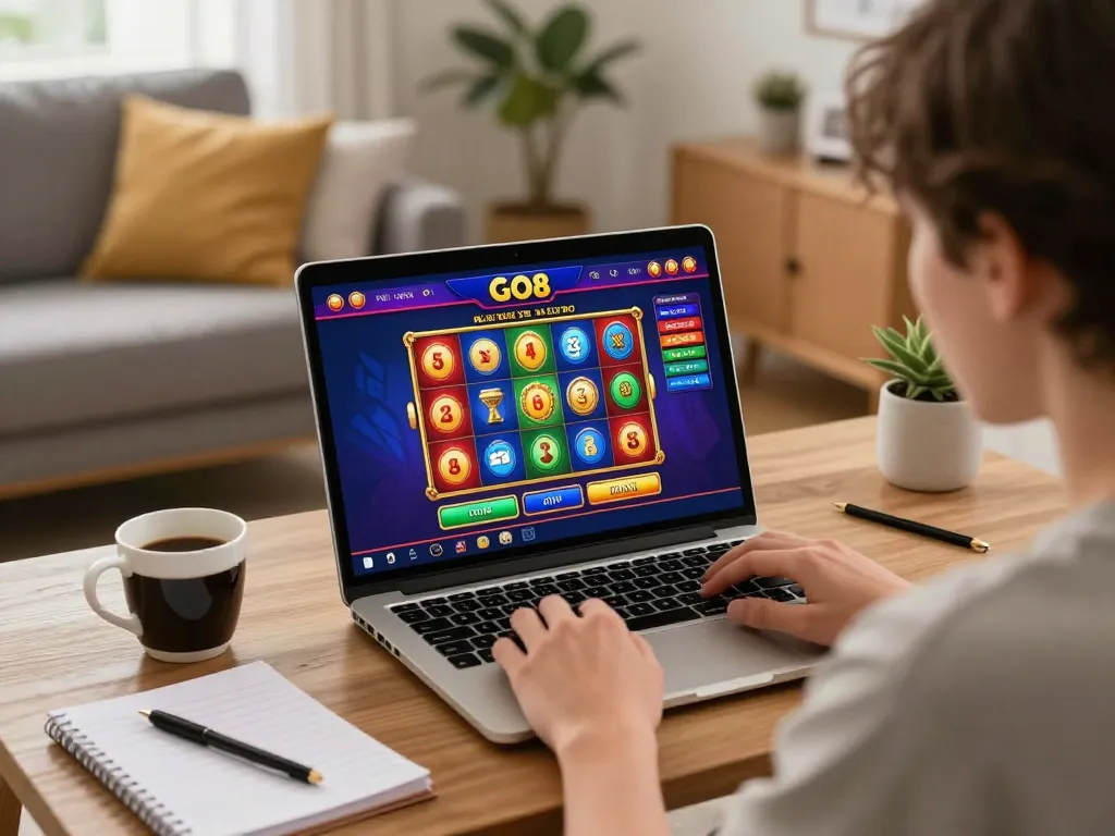 Engaging gaming session at home with GO8 interface on laptop, creating a cozy atmosphere for responsible gambling.