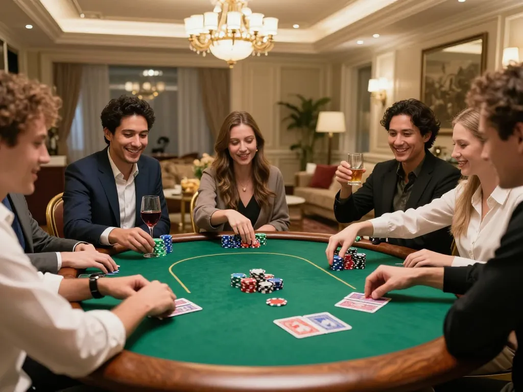 iwin club poker game in a luxury setting with engaged players and warm lighting