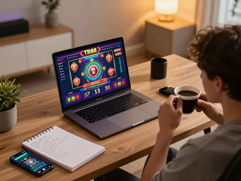TR88 online gaming setup with vibrant graphics on laptop screen, showcasing an engaging gambling experience