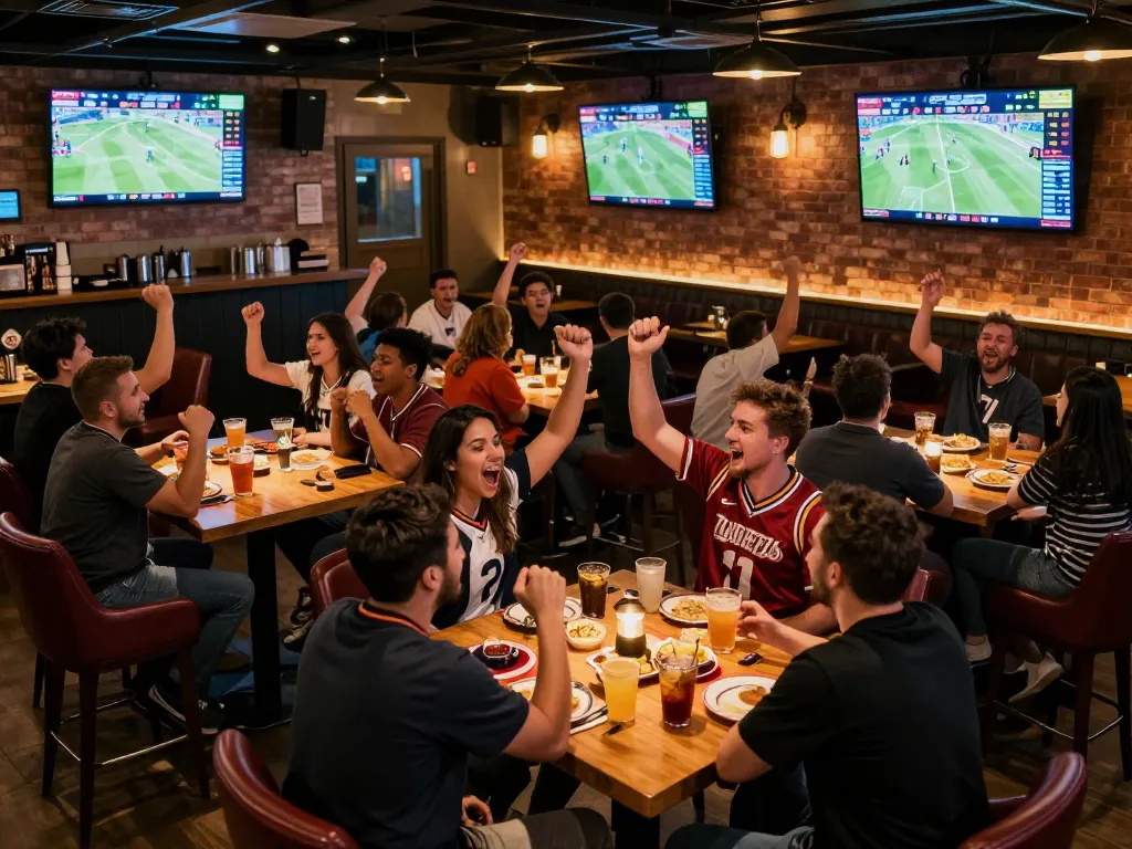 Fans engaging in sports betting excitement at a lively bar while tracking 7m odds.